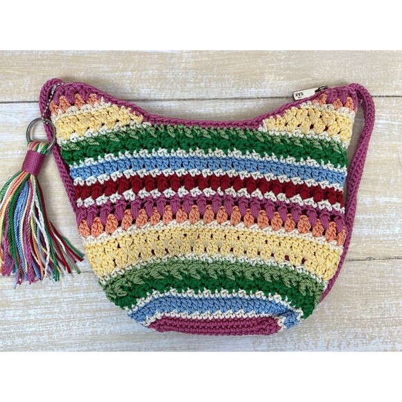THE SAK Rainbow Crochet Crossbody Bag Boho Festival 9" x 9" Pink Tassel Keychain - Picture 14 of 14